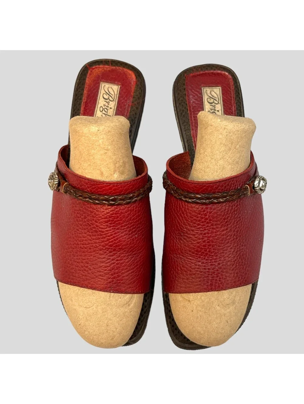 Brighton Size 7 Sandals Red Leather Slip On Open Toe Slide Low Heel Shoes Italy